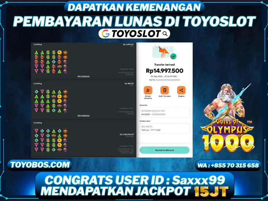 TOYOSLOT - BUKTI KEMENANGAN GATES OF OLYMPUS 1000 Rp15,000,000,- LUNAS